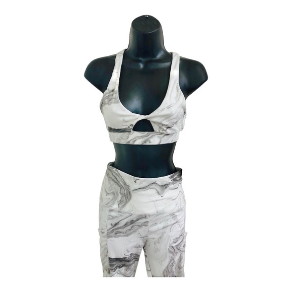 2pc white‎ gray swirl peek-a-boo twist front racerback sports bra & leggings set - Picture 1 of 12